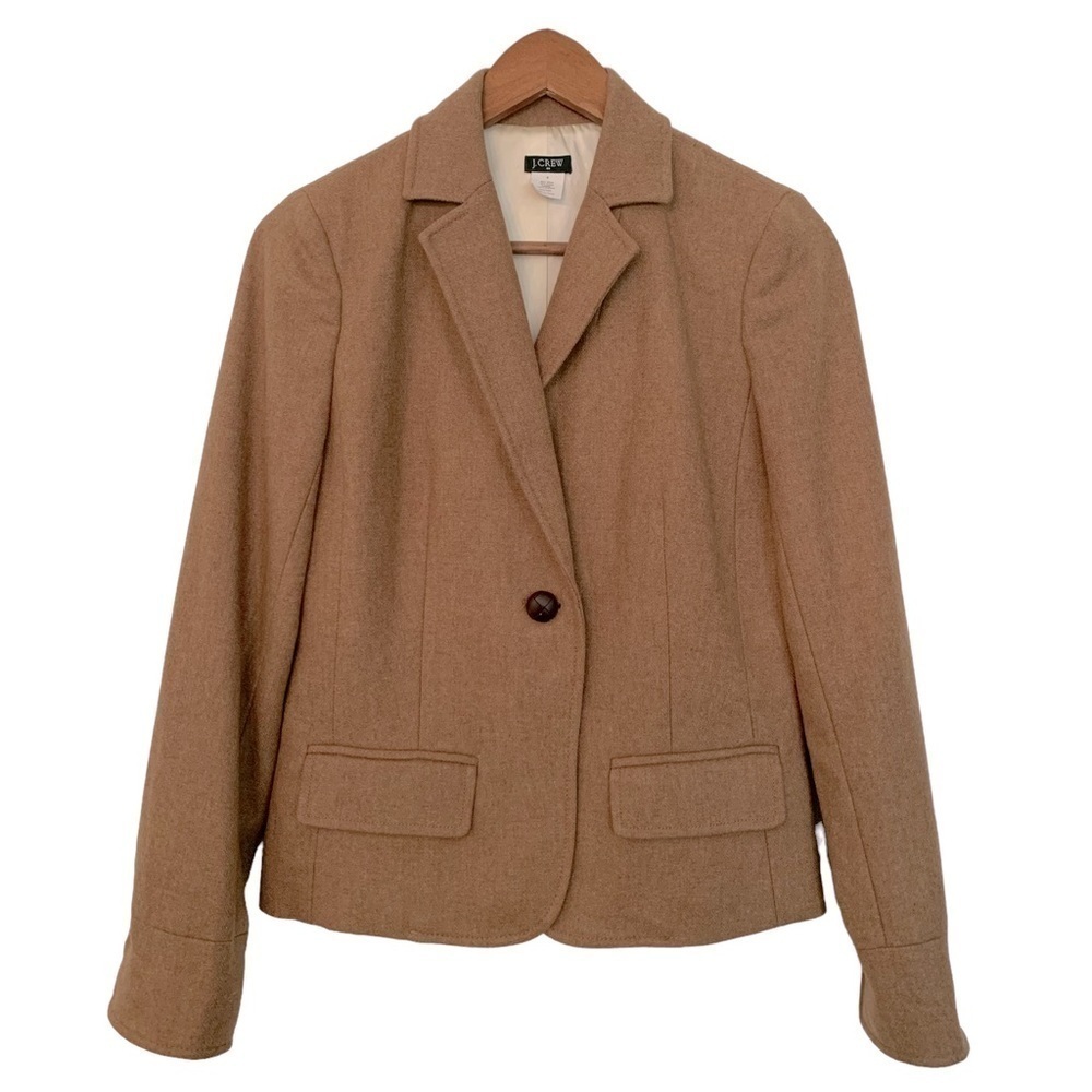 J. Crew Wool Blend Blazer One Button Flap Front Pockets Tan Office Wear Sz 4